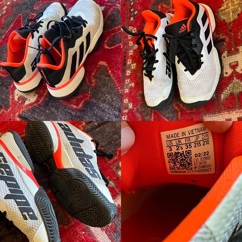 Boy’s Adidas size 3 Tennis Court shoes. Grey, black, neon orangy-red.